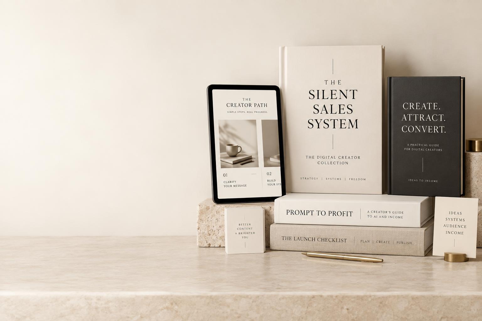 The Silent Sales System digital collection, presented as elegant guidebooks, templates and a tablet